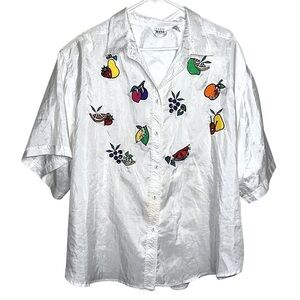Leslie Fay White Short Sleeved Button Down Blouse with Sequined Fruit Size 3X